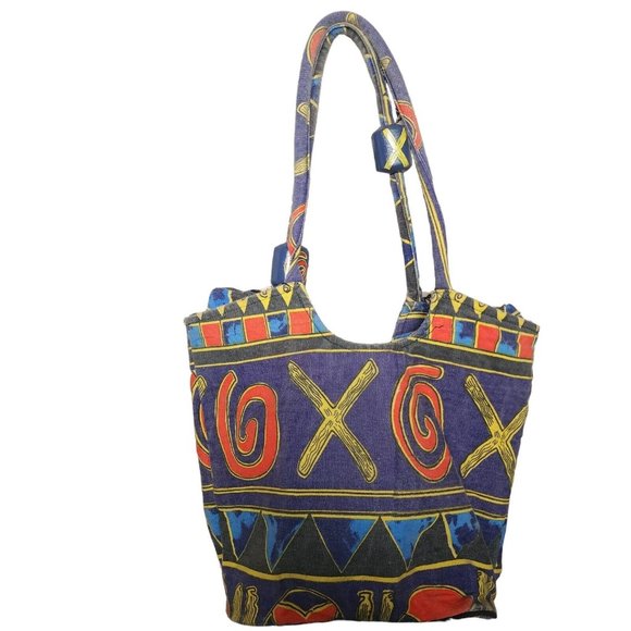 90s Abstract Beach Bag Full Zip Patterned Csnvas Hobo Colorful Geometric - Picture 1 of 10